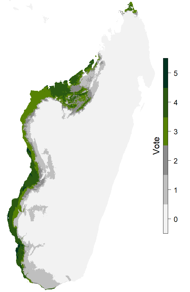 The map presenting the results of the models for the present.